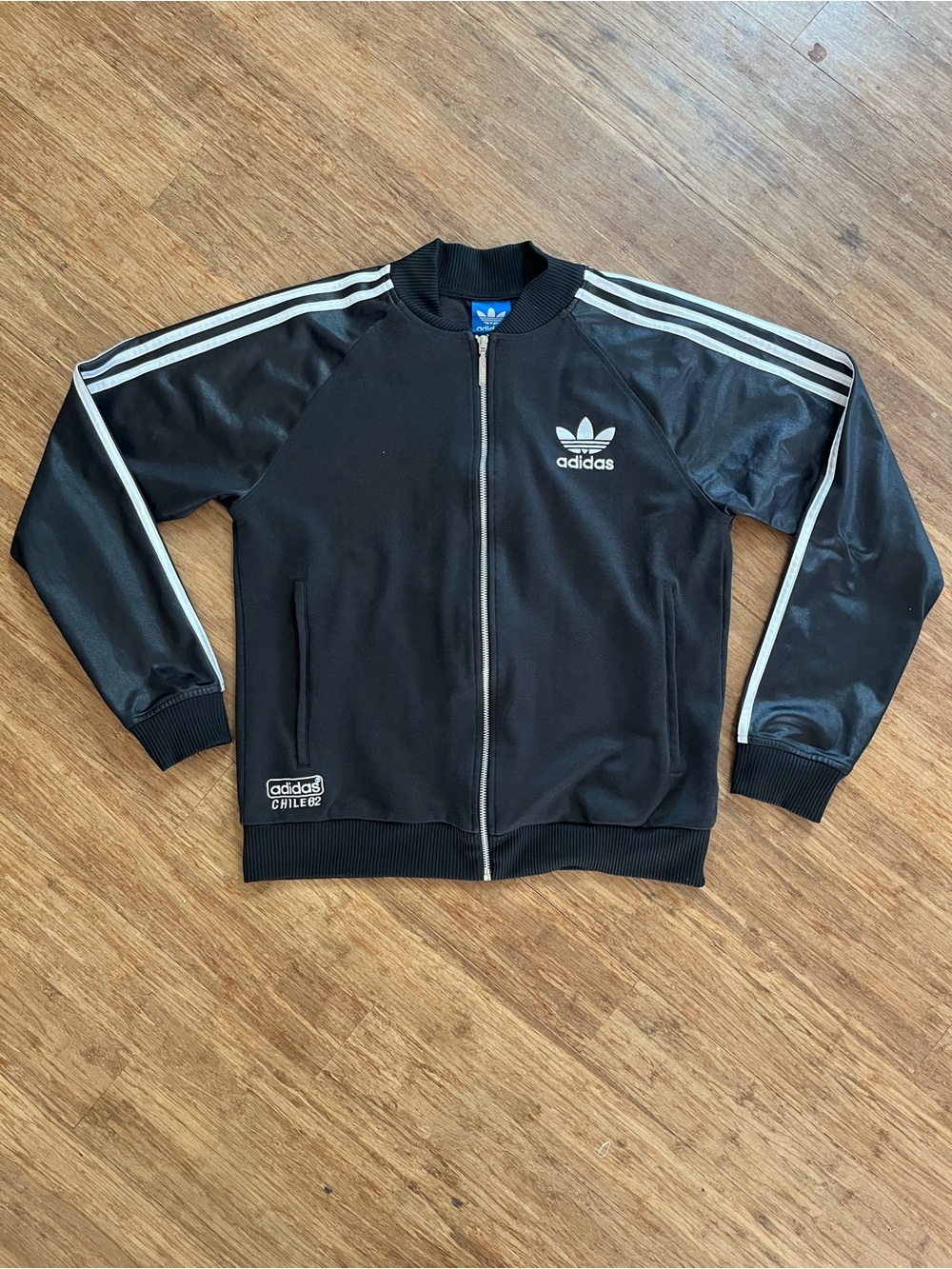 Adidas Originals Chile 62 Track Jacket Black Faux Leather Sleeve Trefoil Sz M